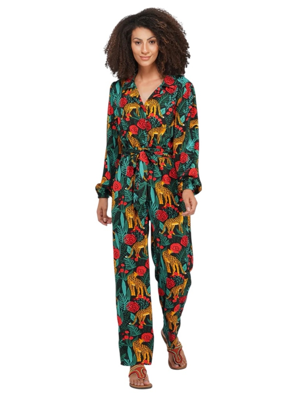 America & Beyond Tropical Leopard Red Roses Jumpsuit Size L